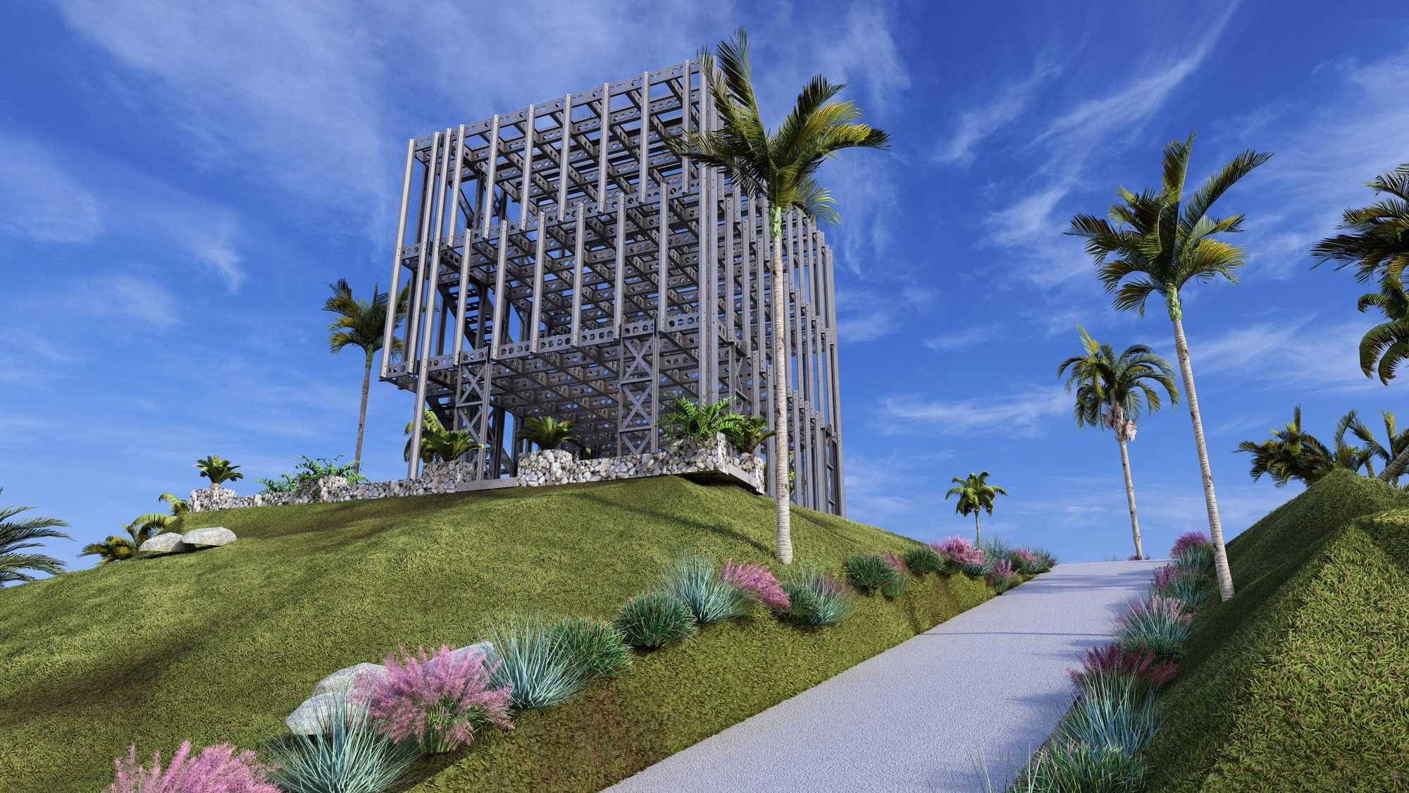 Three-storey CoGrid structure rendered on tropical site